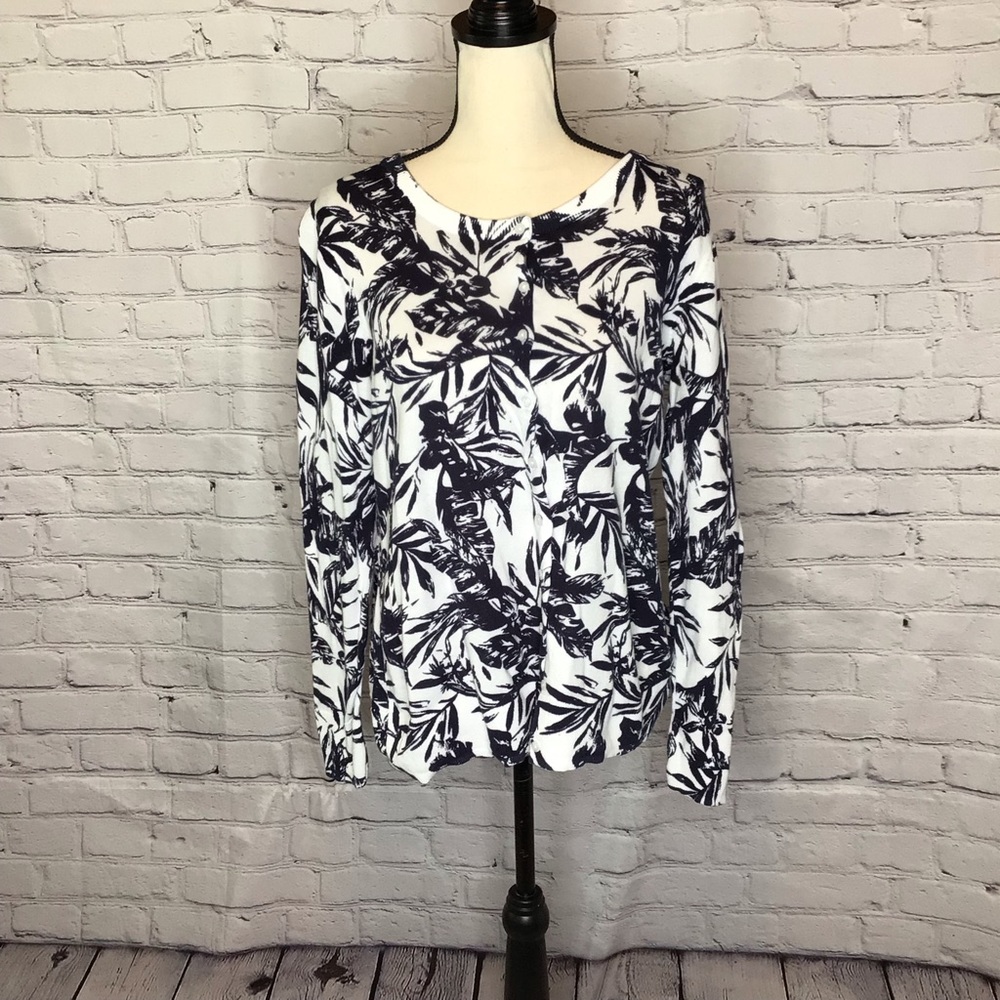 Old Navy Blue White Leaf Print Button Up Round Neckline Lightweight Cardigan XL